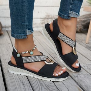 Women's Flat Sandals, Lightweight and Versatile with Metal Buckle Detailing and Single-strap Design, Summer Outdoor Non-slip Thick-soled Open-toe Beach Shoes, Women Shoes