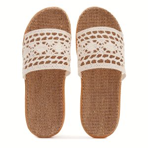 Soft Fabric Slip-On Slippers for Women Featuring Arch Support And a Cushioned Insole, Perfect for All Seasons. These Indooru002FOutdoor for Home Shoes Come in a White Woven Design with a Brown Sole And EVA Arch Support, Women Shoes