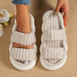 Women'S Indoor Home Comfortable Non-Slip Thick Sole Double Straps Open Toe Soft Bottom Slippers with faux fur, Women Shoes