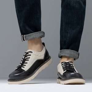 Plus Size Men's Vintage Colour Block Split Genuine Leather Low Top Boots, Comfy Non Slip Casual Rubber Sole Lace Up Shoes for Men's Outdoor Activities