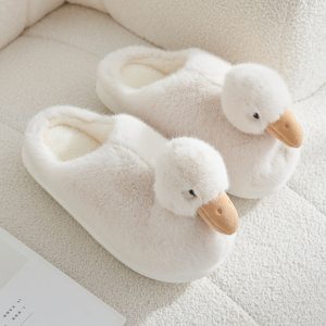 DX94298 Duck Slippers Women Winter Indoor Home Cartoon Cute Couple Non-Slip Warm Plush Slippers Men, Women Shoes